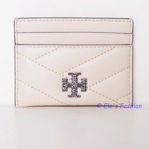 ❤️ NWT Tory Burch Kira Chevron Leather CARD CASE Pave Crystal Logo CREAM AUTHNTC